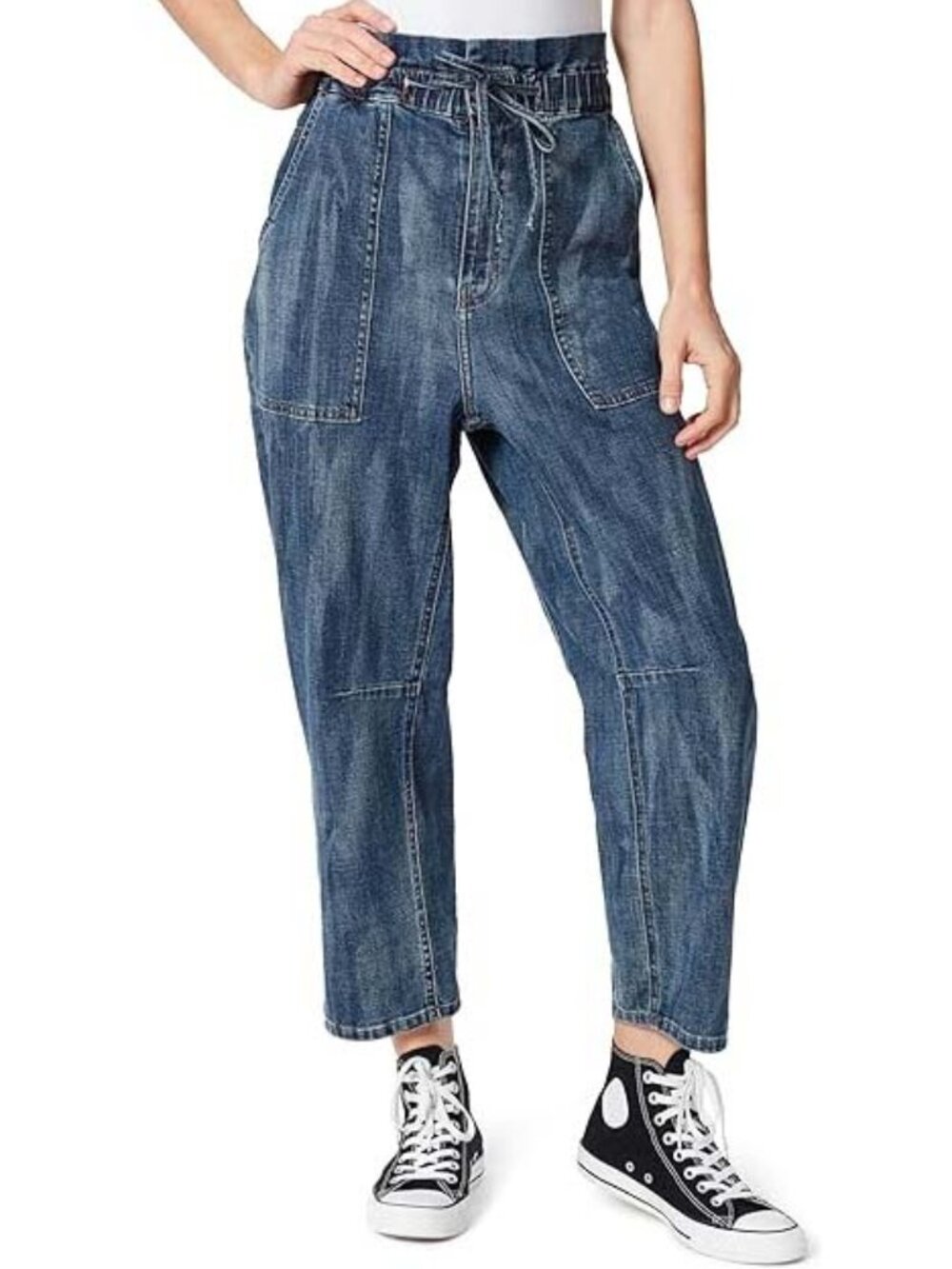 Frayed Paperbag Waist Utility Barrel Jeans Size 25 Medium Wash Cropped Joggers